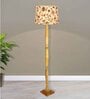 Rustic Wood Floor Lamp in Walnut Brown with Multicolor Fabric Lamp Shade