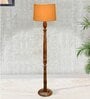 Rustic Wood Floor Lamp in Walnut Brown with Multicolor Fabric Shade, Hurricane, Yellow Shade