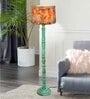 Rustic Wood Floor Lamp in Walnut Brown with Multicolor Fabric Lamp Shade