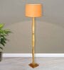 Rustic Wood Floor Lamp, Walnut Brown with Multicolor Fabric Shade, Fanny Figure, Yellow