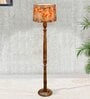 Rustic Wood Floor Lamp in Walnut Brown with Multicolor Fabric Shade, Hurricane Design, Floreto Meadow