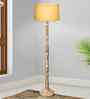 Rustic Wood Floor Lamp in Walnut Brown with Multicolor Fabric Lamp Shade