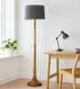 Rustic Wood Floor Lamp in Walnut Brown with Multicolor Fabric Shade, Dome Base, Grey Shade
