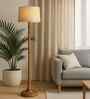 Rustic Wood Floor Lamp in Walnut Brown with Multicolor Fabric Shade, Dome Base, Jute