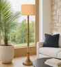 Rustic Wood Floor Lamp in Walnut Brown with Multicolor Fabric Shade, Dome Base, Off-White Shade