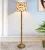 Rustic Wood Floor Lamp in Walnut Brown with Multicolor Fabric Shade, Dome Base, Vine and Flower Shade