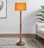 Rustic Wood Floor Lamp in Walnut Brown with Multicolor Fabric Shade, Dome Base, Yellow Shade