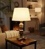 Rustic Wooden Table Lamp  with Cream Fabric Shade | Modern Farmhouse Bedside Lamp for Living Room, Bedroom & Home D cor