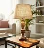 Rustic Wooden Table Lamp  with Natural Jute Fabric Shade | Modern Farmhouse Bedside Lamp for Living Room, Bedroom & Home D cor