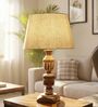 Rustic Wooden Table Lamp  with Premium Jute Fabric Shade | Modern Farmhouse Bedside Lamp for Living Room, Bedroom & Home D cor