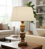 Rustic Wooden Table Lamp  with White Fabric Shade | Modern Farmhouse Bedside Lamp for Living Room, Bedroom & Home D cor