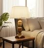 Rustic Wooden Table Lamp  with White Fabric Shade | Modern Farmhouse Bedside Lamp for Living Room, Bedroom & Home D cor