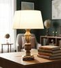 Rustic Wooden Table Lamp  with White Fabric Shade | Modern Farmhouse Bedside Lamp for Living Room, Bedroom & Home D cor
