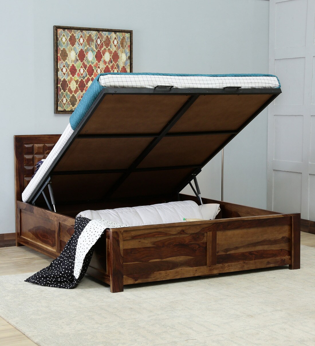 Buy Ryker Solid Wood King Size Bed with Hydraulic Storage in Provincial