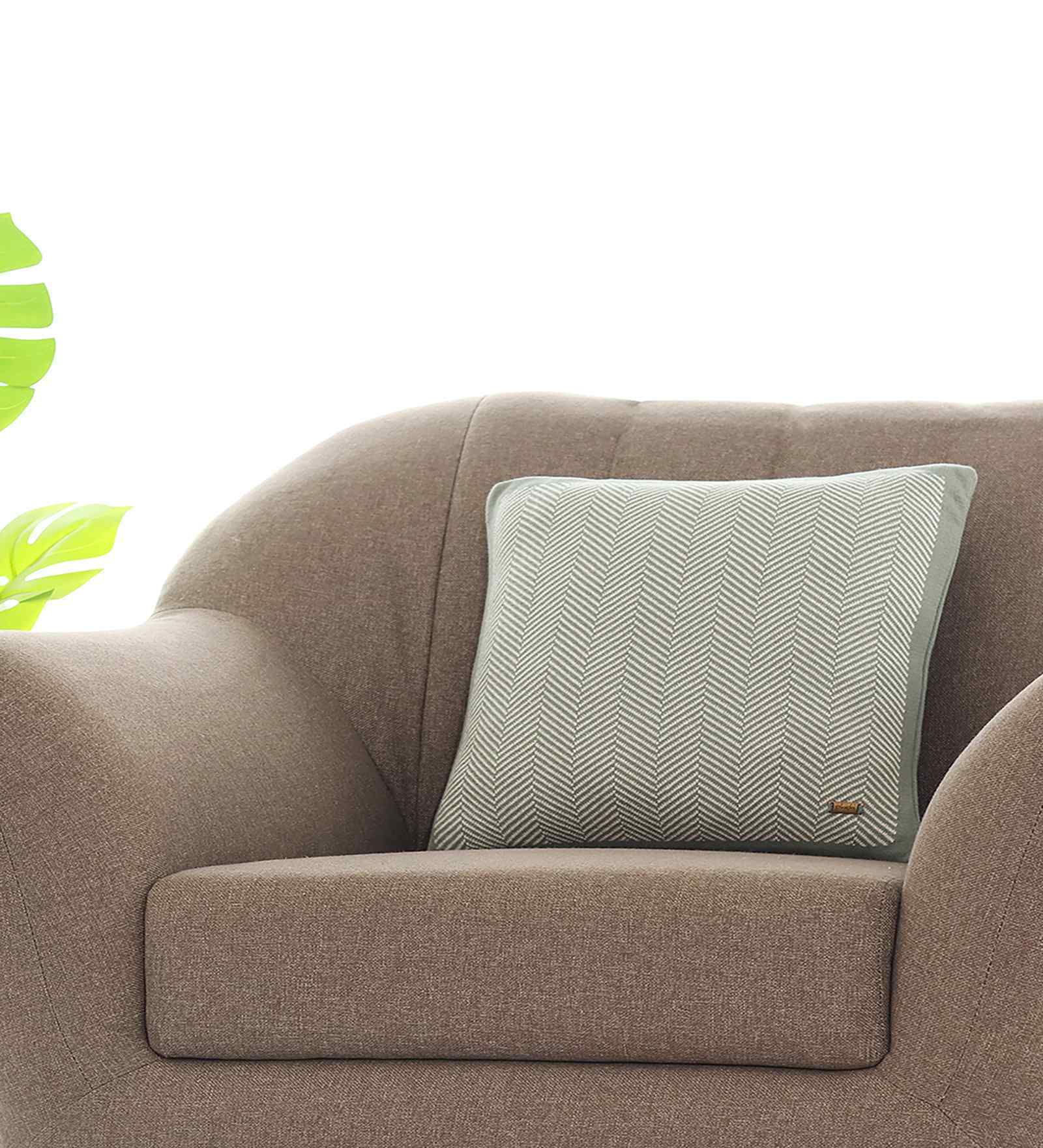 Ryegrass & Natural 100% Cotton Herring Bone 16X16 Inches Knitted Cushion Cover