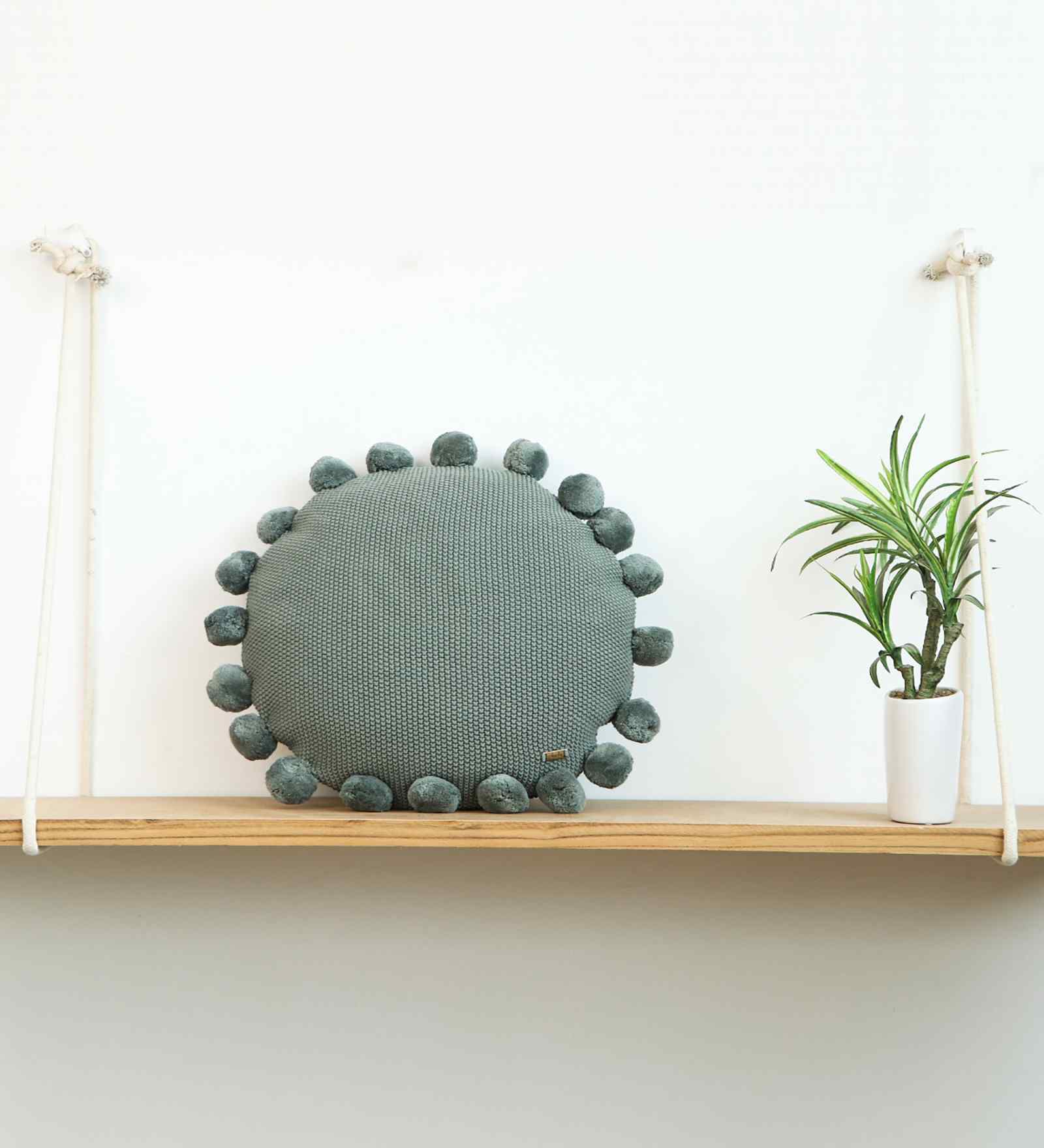 Ryegrass 100% Cotton Pom Pom 16X16 Inches Knitted Cushion Cover