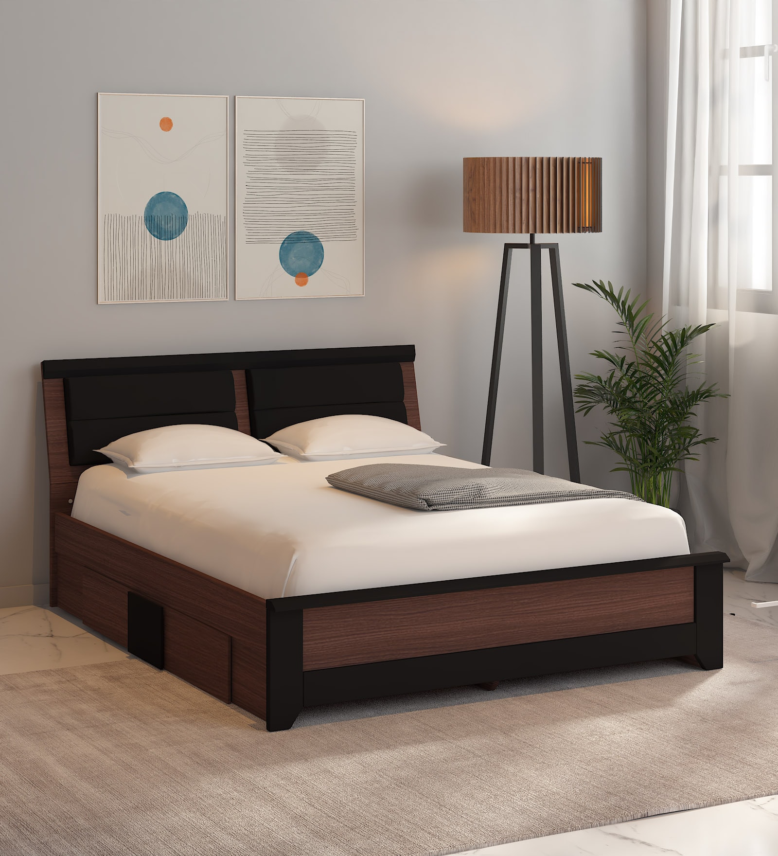 Ryouta Upholstered King Size Bed in Wenge Finish with Drawer Storage