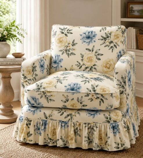 Rylora  Floral Armchair With Teak Wood Frame And Suede Fabric In Multicolor