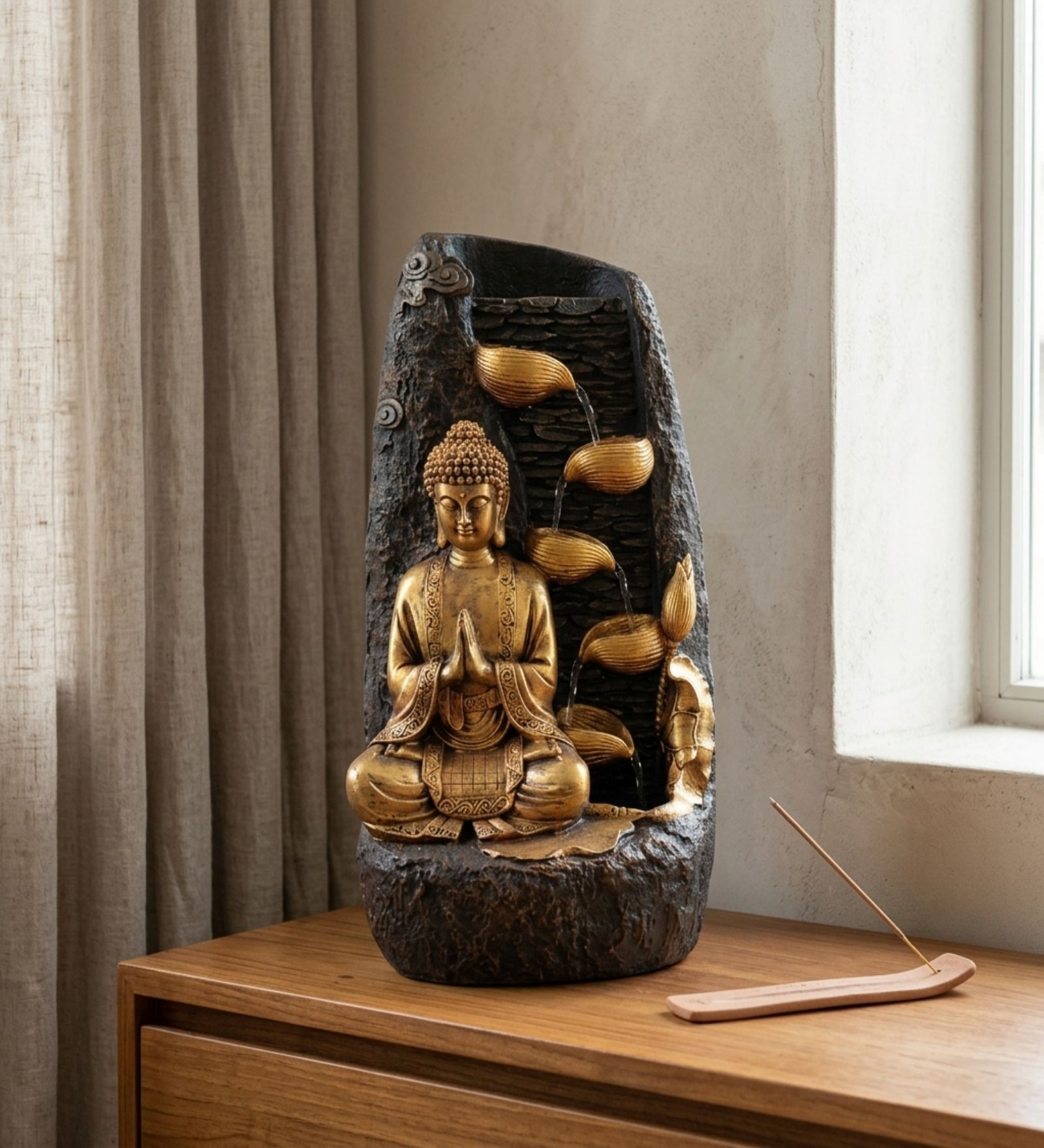 Golden Serenity Buddha Cascading Bowl Water Fountain