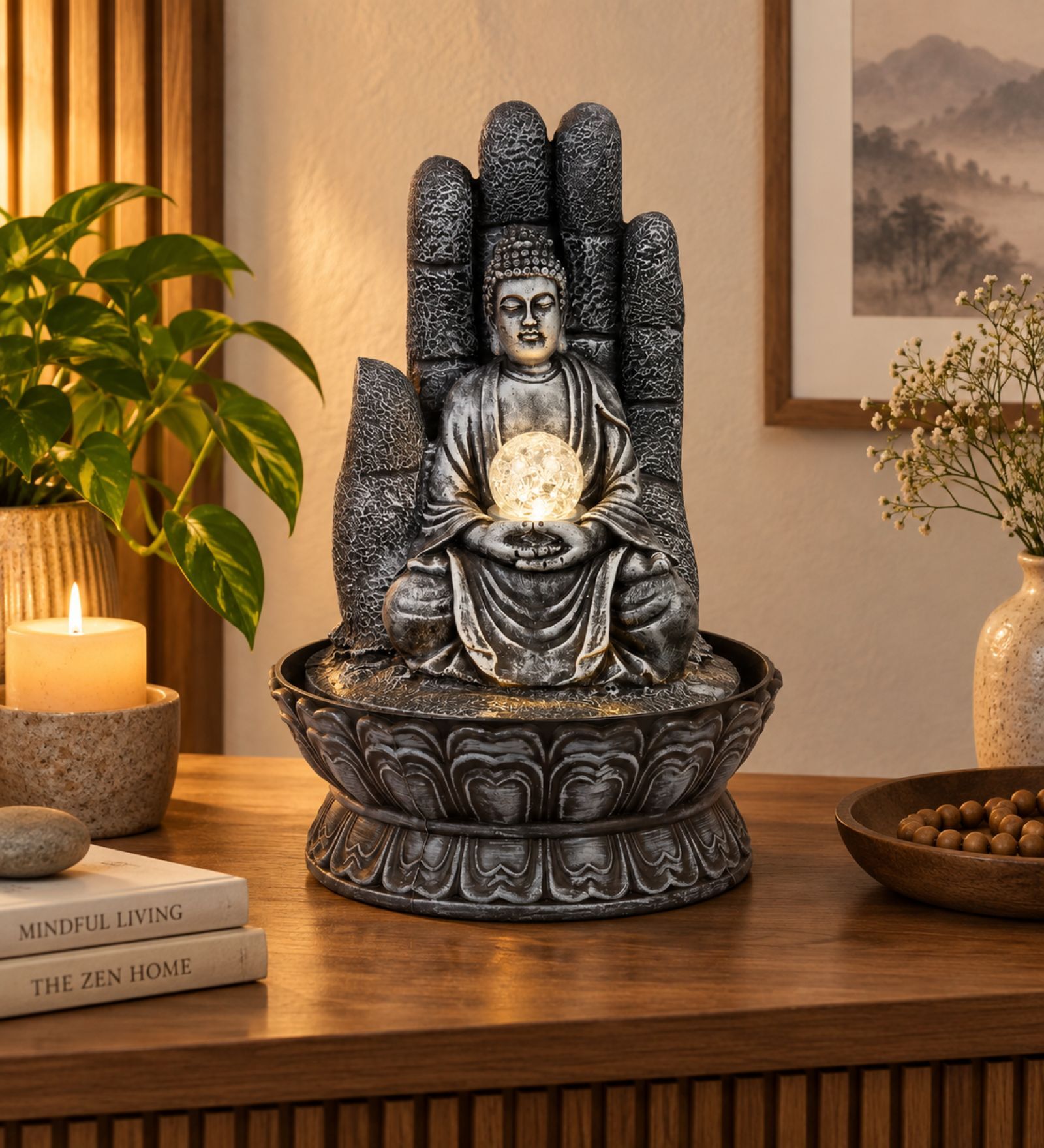 Serenity Palm Buddha Fountain with LED Crystal Ball