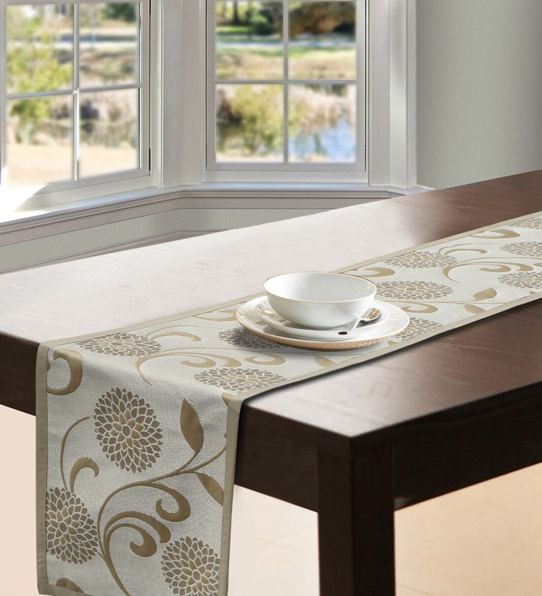 Buy Floral Pattern Beige Polyester 72X12 Inches Table Runner By S9Home