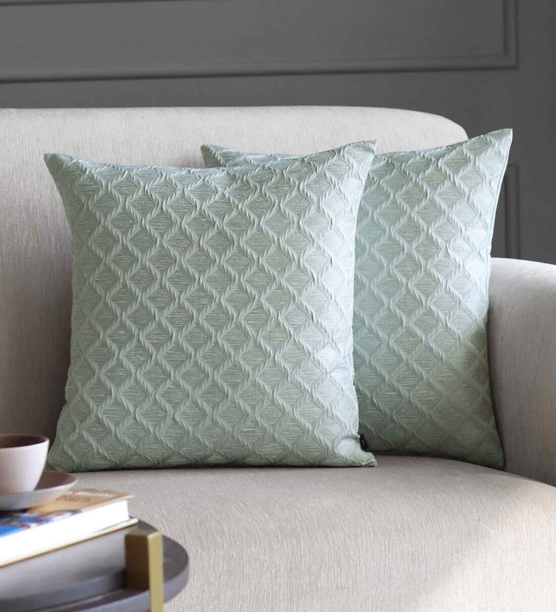 Buy Sage Green Polycotton Geometric 16x16 inches Cushion Cover (Set of