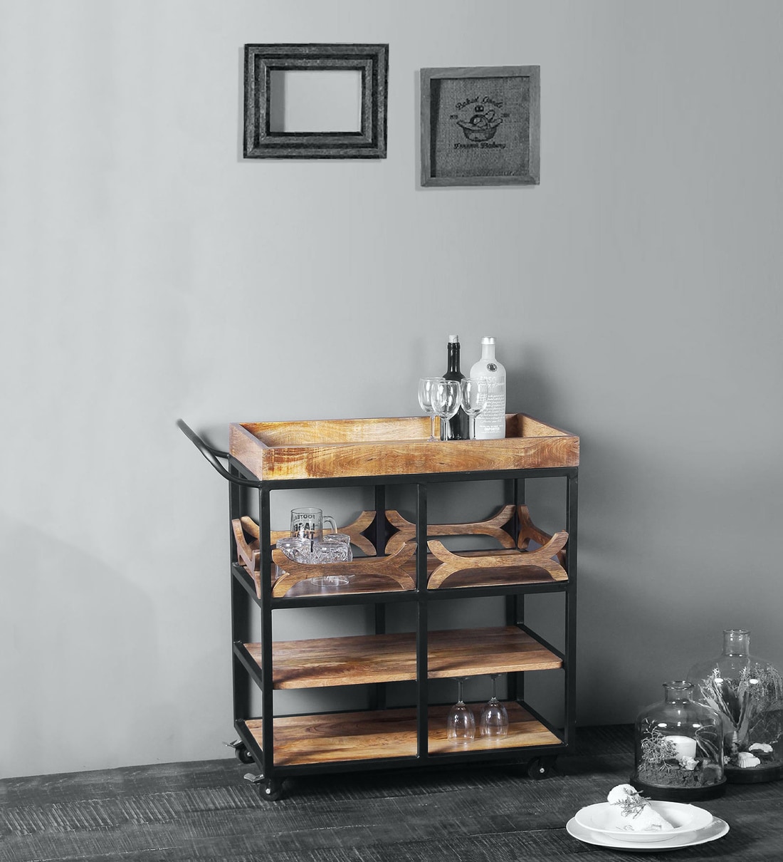 Buy Salome Solid Wood Bar Trolley in Teak Finish Online Bar Trolleys