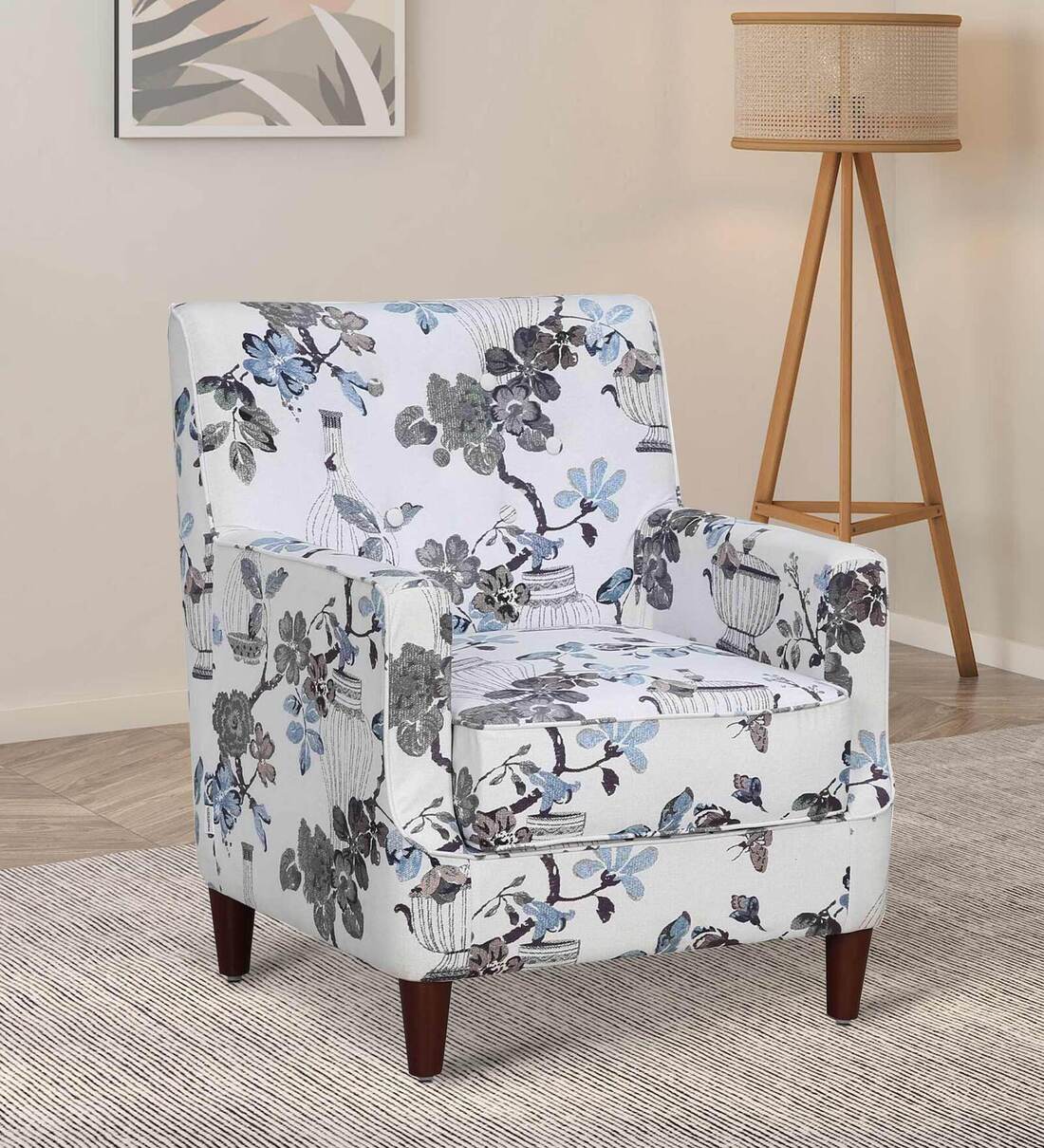 Buy Metheny Fabric Arm Chair In Floral Print on White Colour at 11