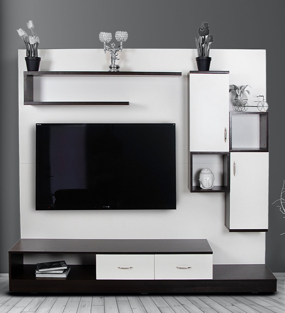 Buy Santner TV Unit in White& Light Walnut Finish Online TV Units