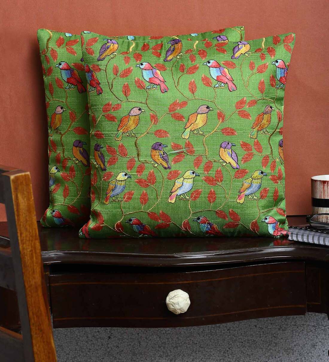 Buy Green Floral Satin 16 x 16 Inches Cushion Covers (Set of 2) by Hosta Homes at 62 OFF by