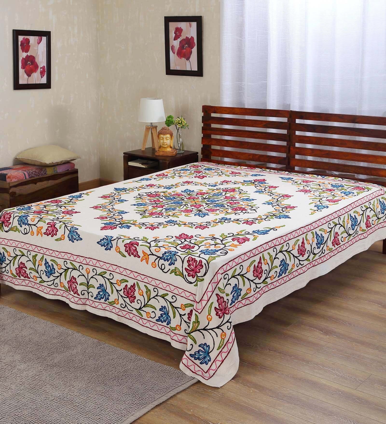 Buy SaazEKashmir Embroidered Quiral hand Bed cover Online Indian