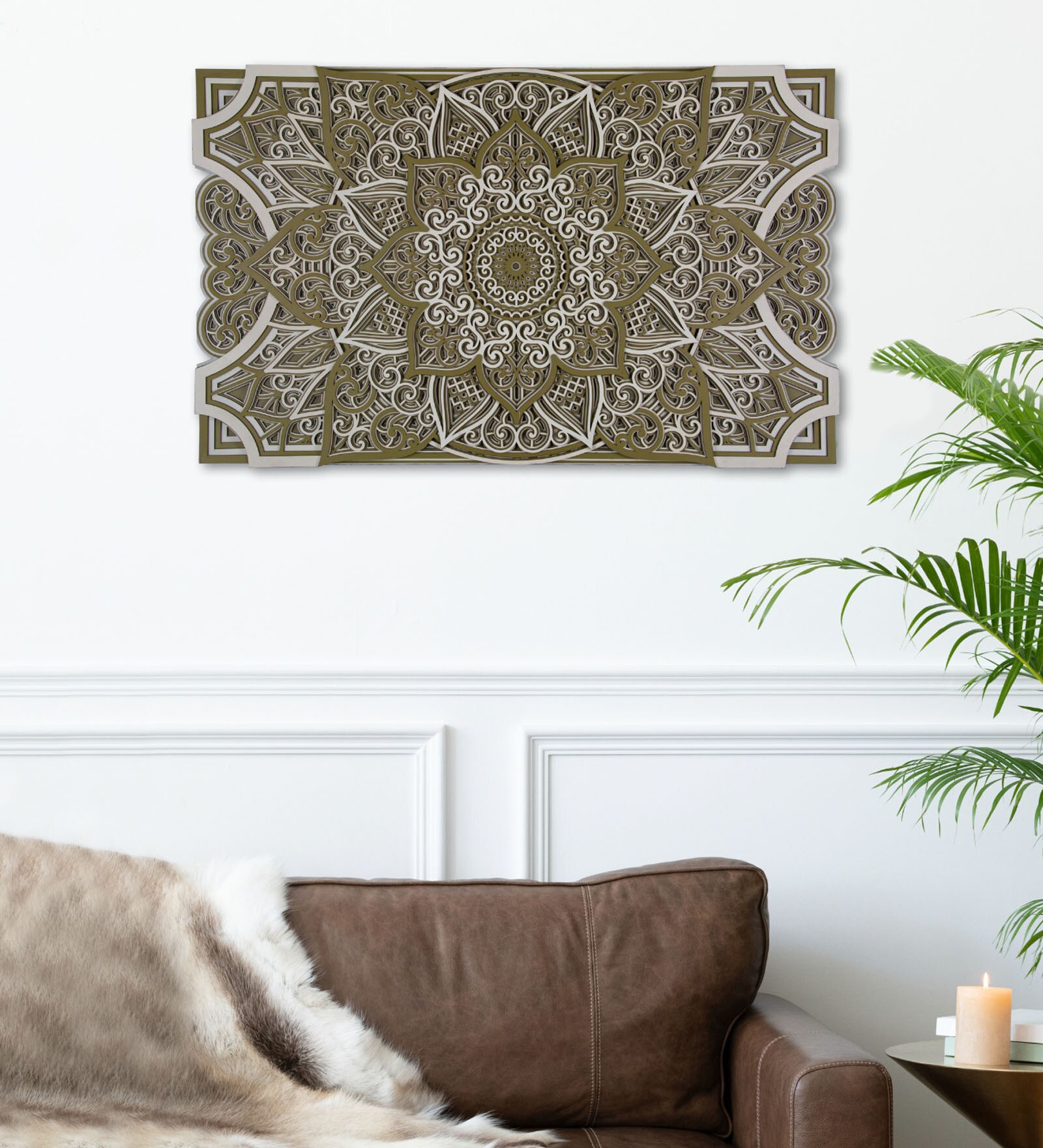 Sacred Flower Pinewood Wall Mural In Olive