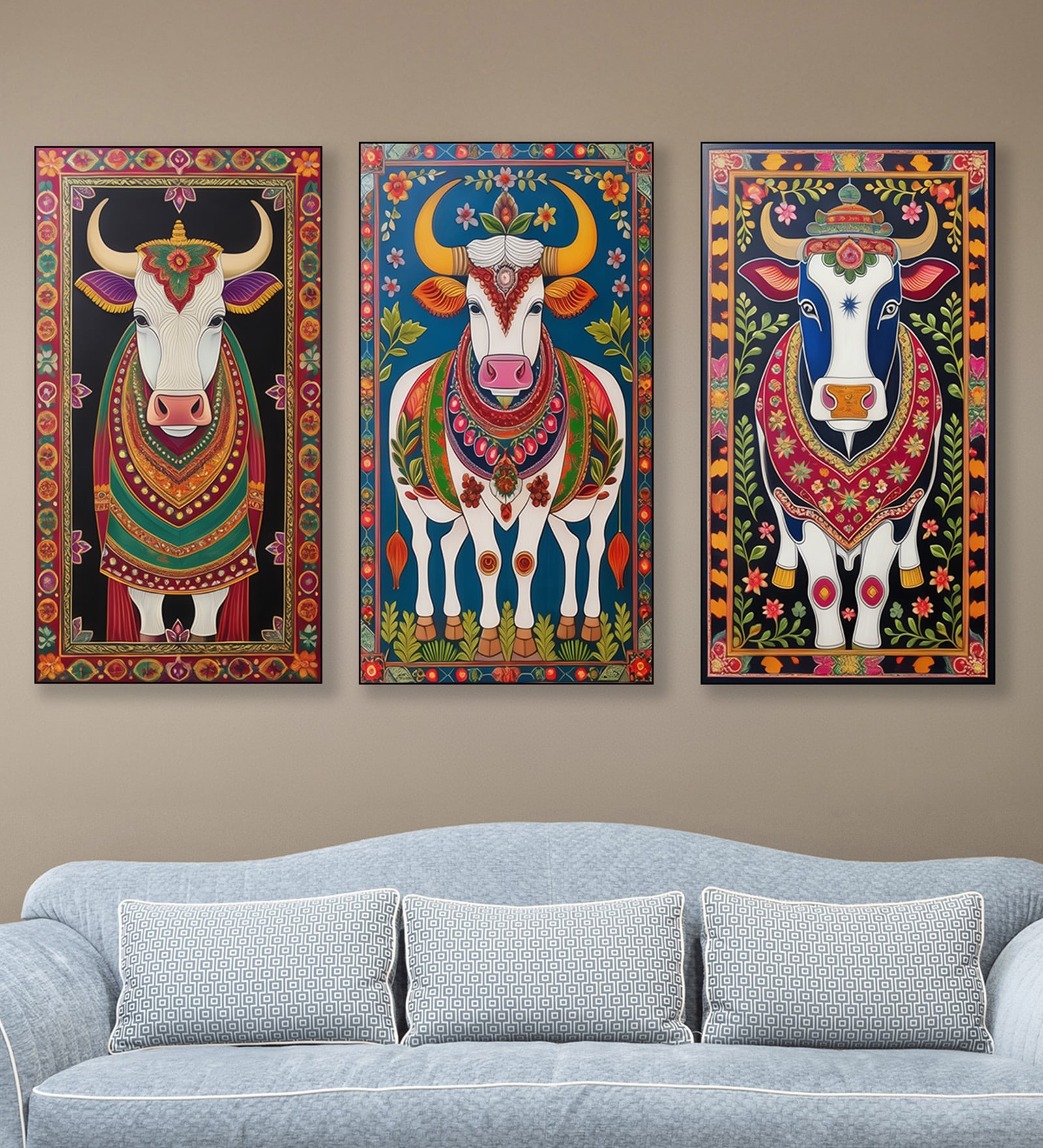 Cow Canvas Collection Printed Wall Painting Set of 3 Black Frame