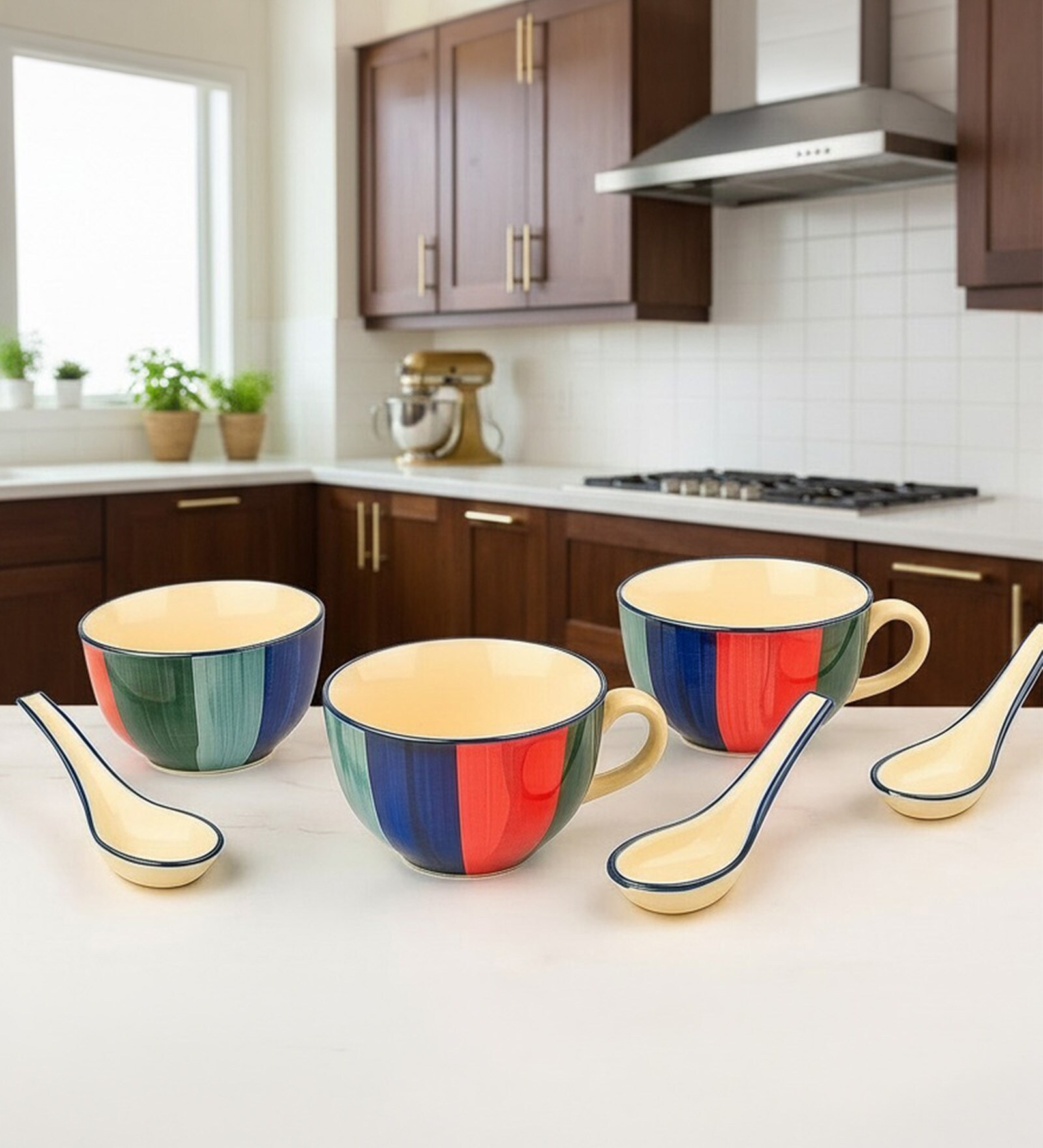 Saffron Indigo Delight Ceramic Bowl Set of 3(300ml Each)