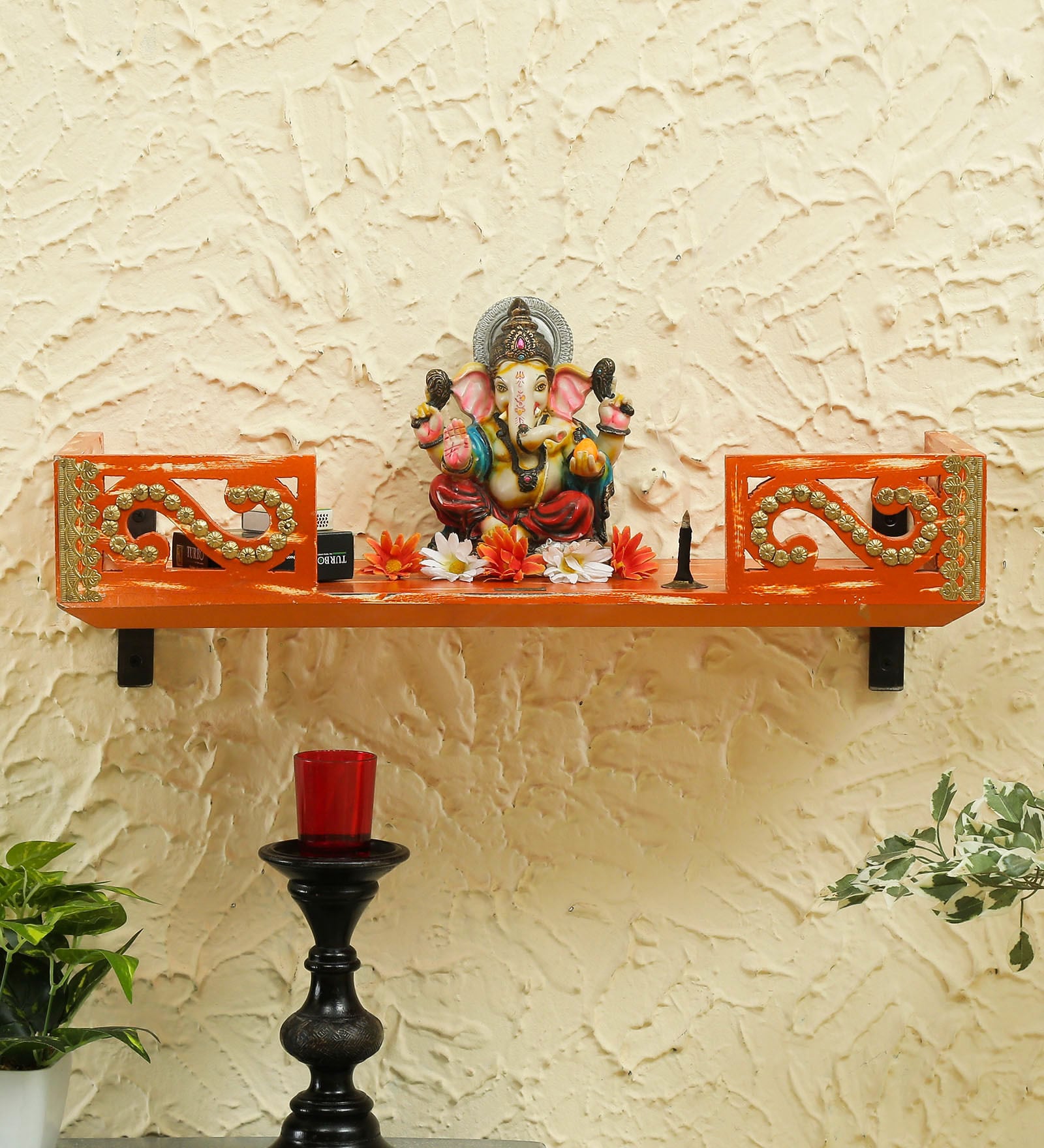 Saffron Pine Wood Pooja Mandir Without Door