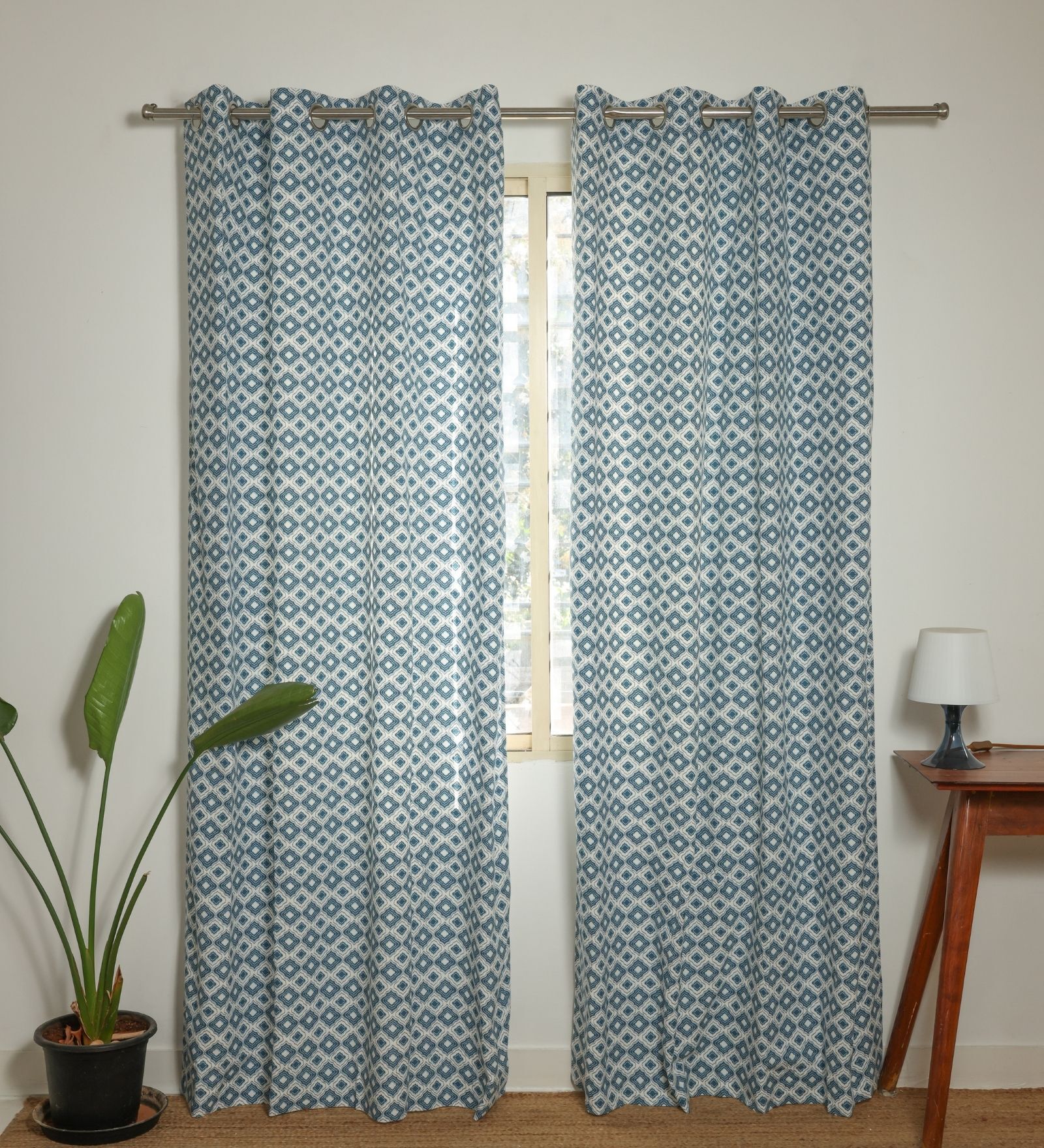 Safi Blue Cotton 230 GSM  Geometric 9 Feet Room Darkening Eyelet Long Door Curtains (2 Pc)