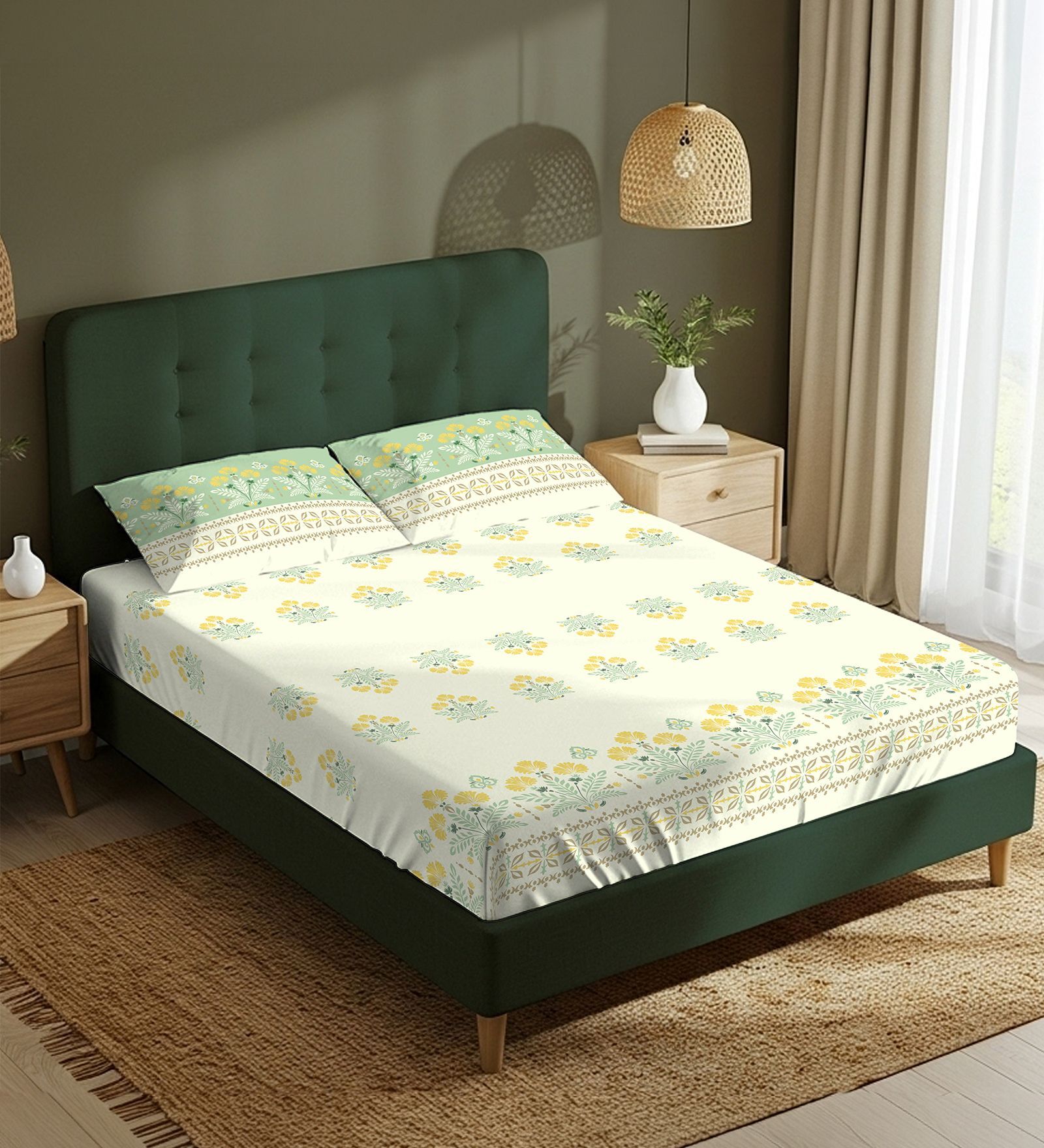 Sage Green Floral 200 TC Cotton King Sized Fitted Bedsheet with 2 Pillow Covers