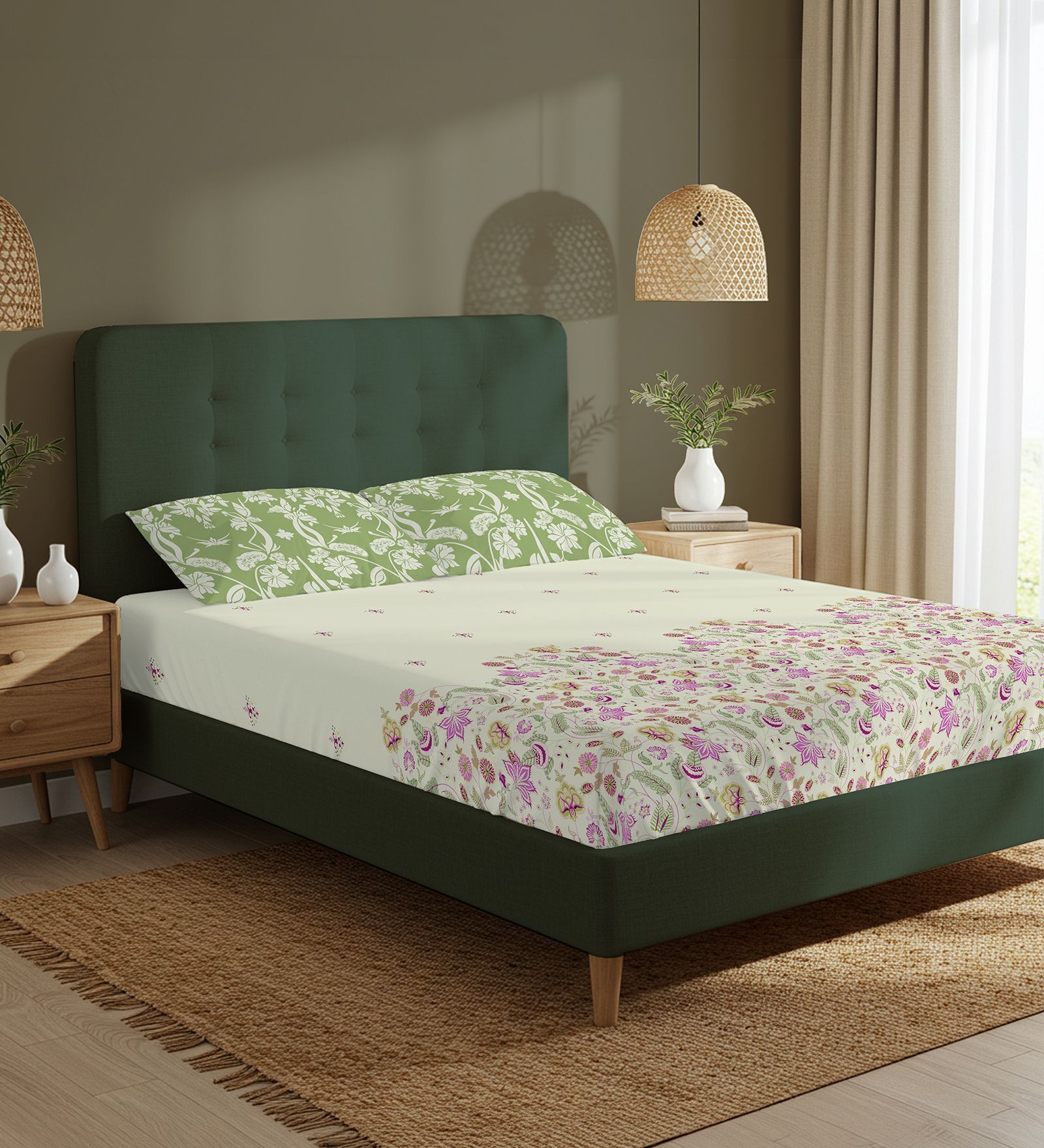 Sage Green Floral 200 TC Cotton King Sized Fitted Bedsheet with 2 Pillow Covers