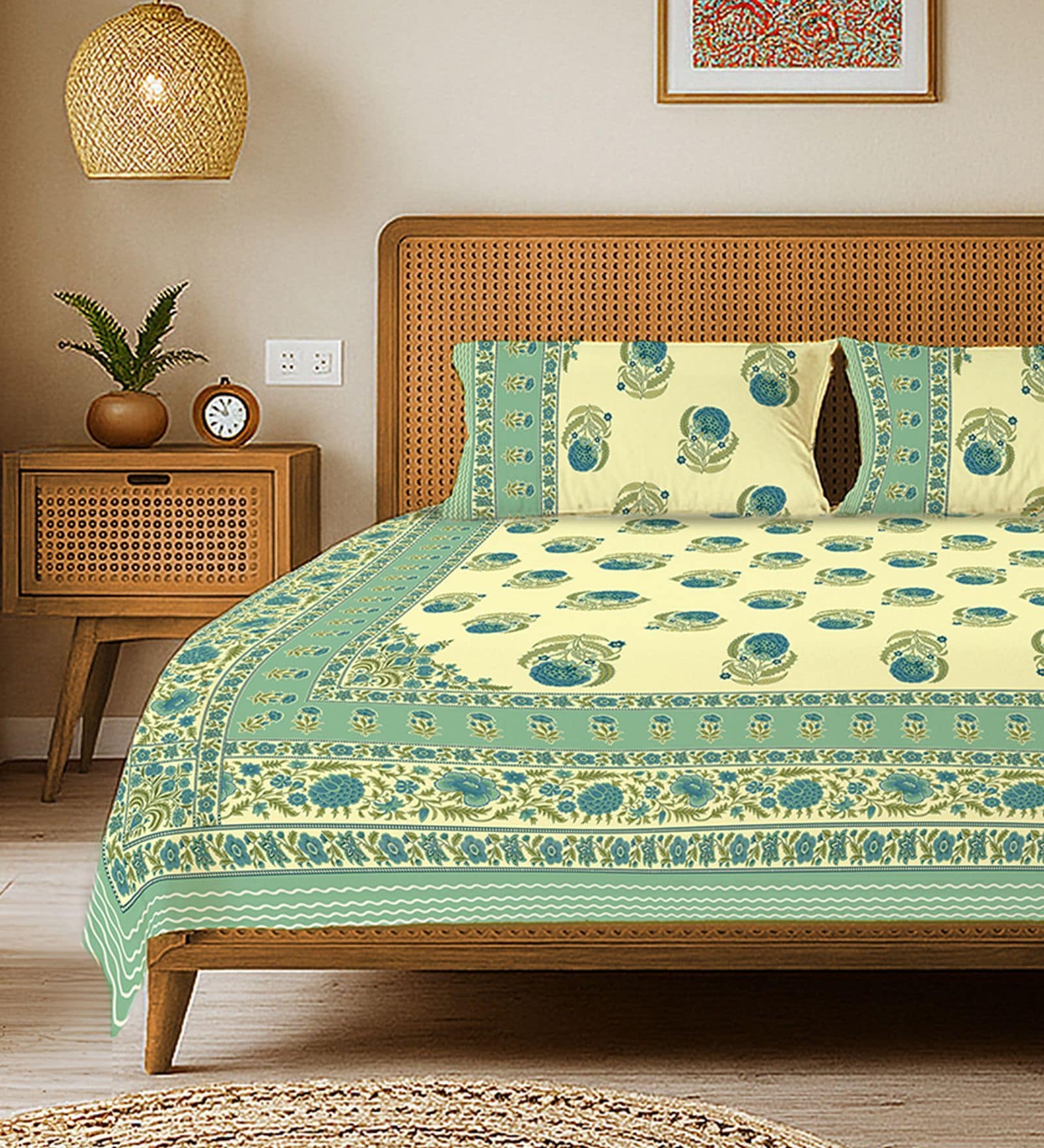 Sage Green Floral 240 TC Cotton Double Bedsheet with 2 Pillow Covers