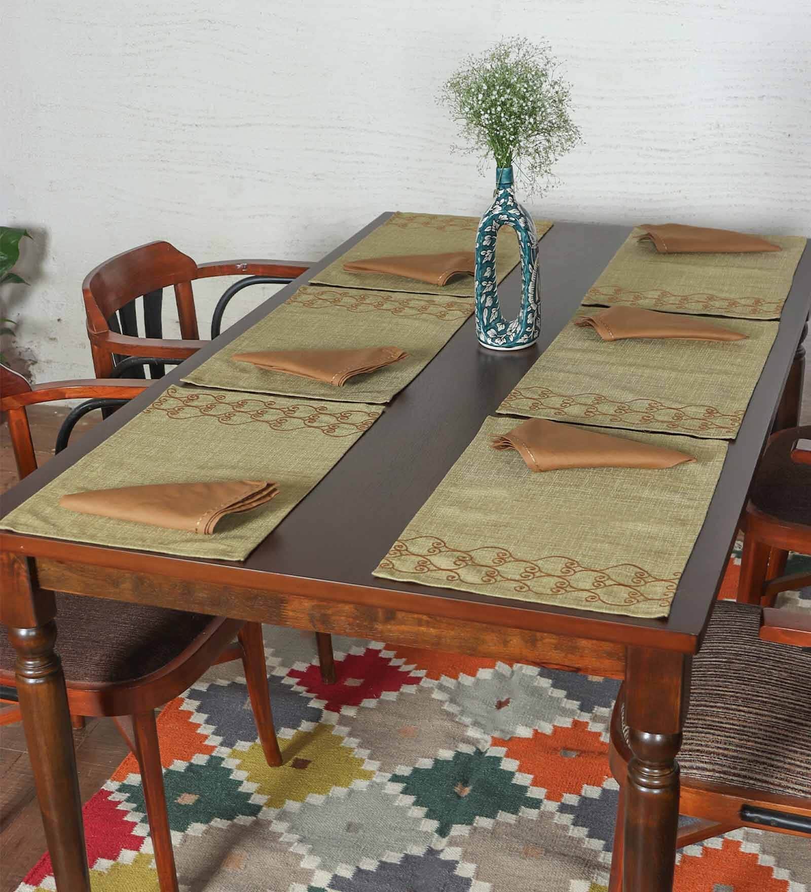 Sage Green Geometric Polyester Blend (Set of 6) Placemat With Napkins