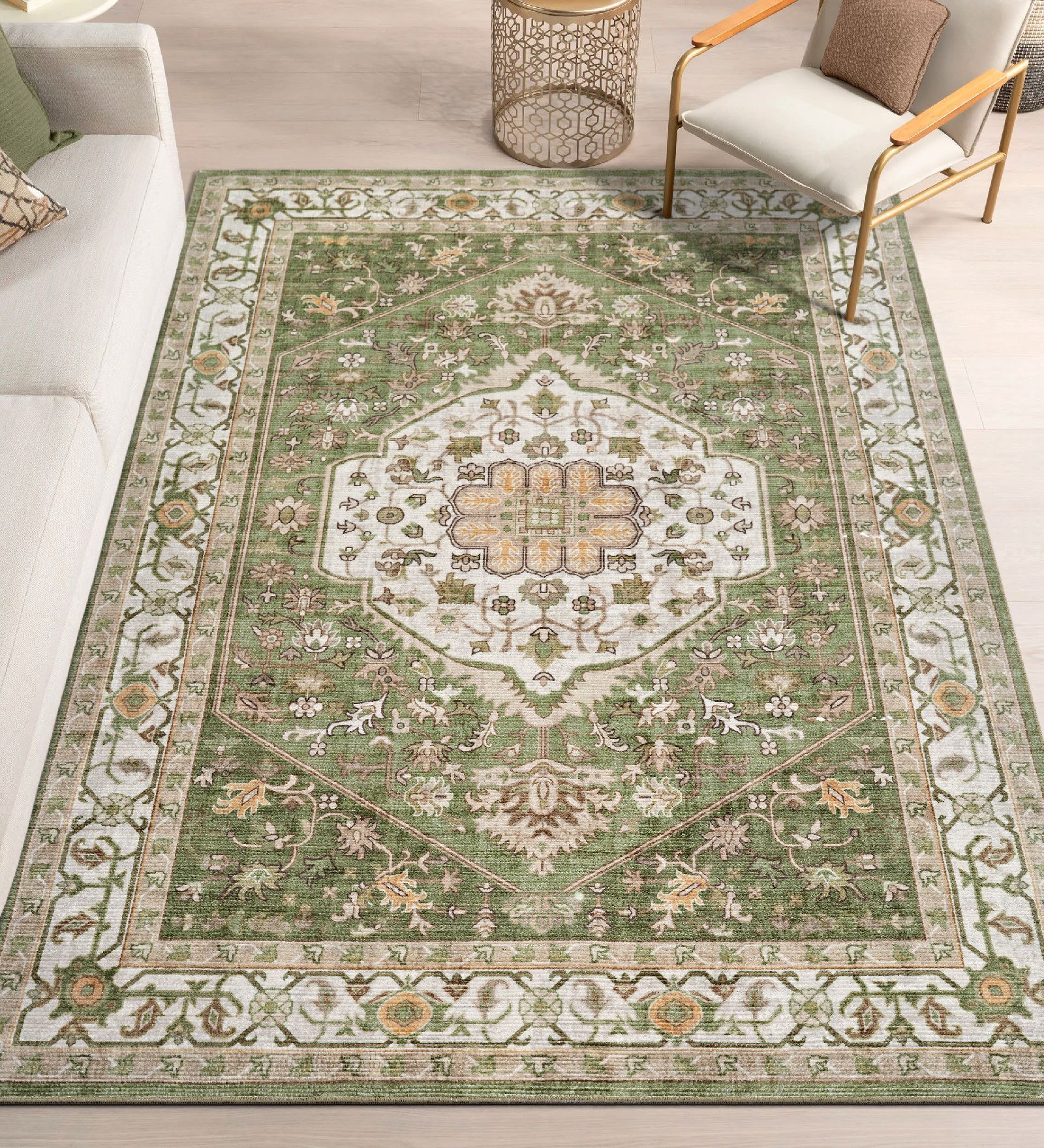Sage Green Traditional Polyester 9 ft x 12 ft Machine Made Carpet