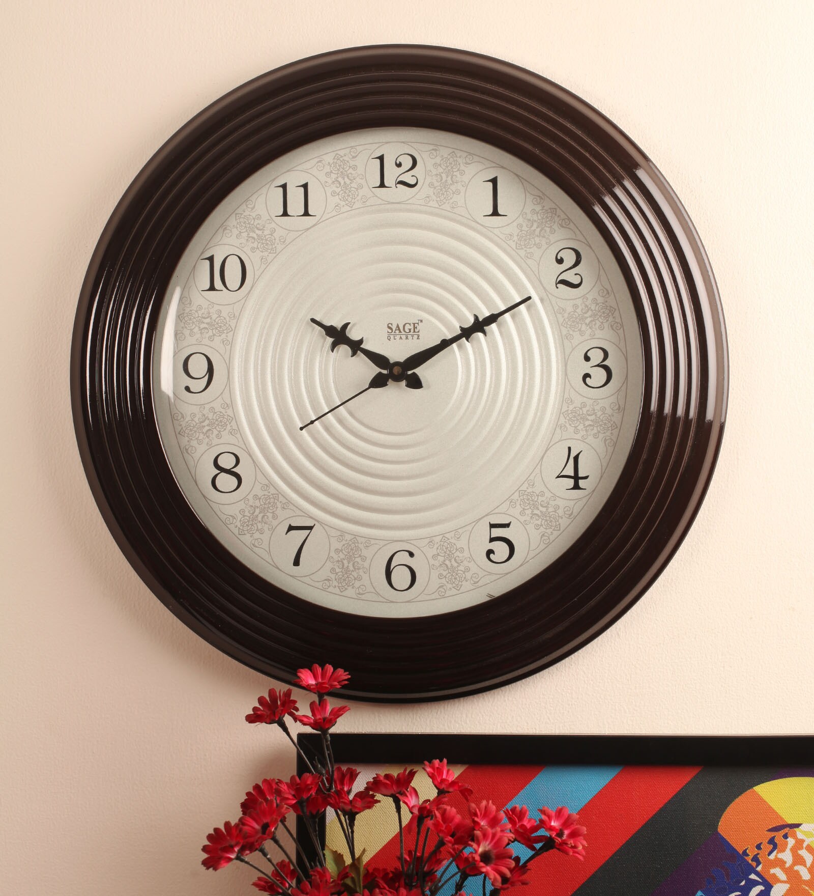 Buy Sage Quartz Brown Wooden and Glass 16 Inch Wall Clock Online