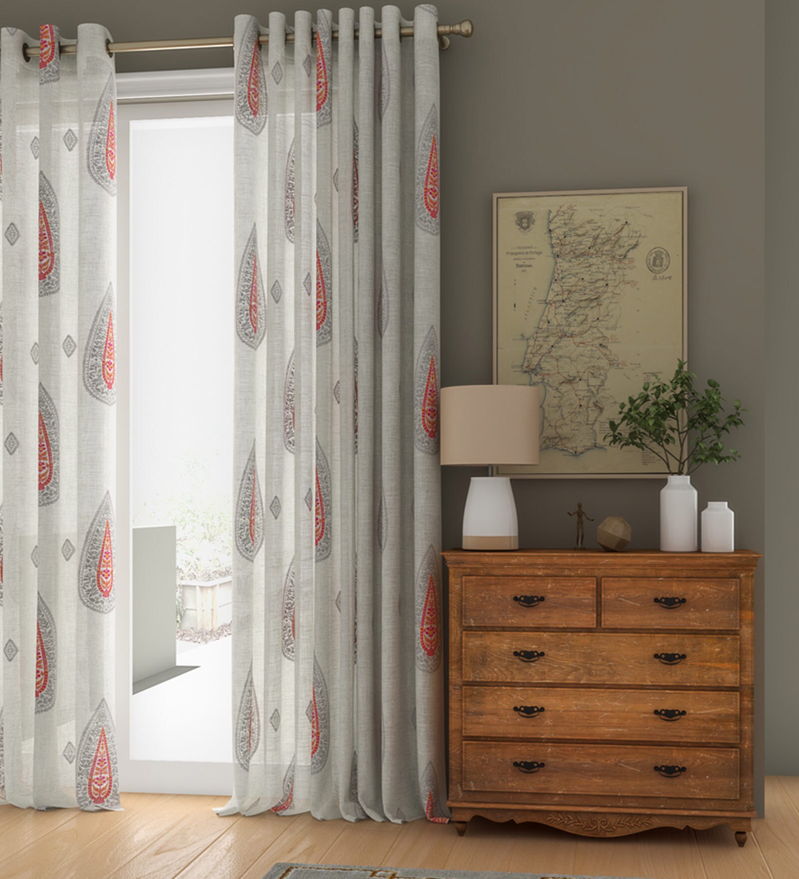 Grey 100 % Cotton Traditional 9ft Sheer Eyelet 2 Pcs Door Curtains