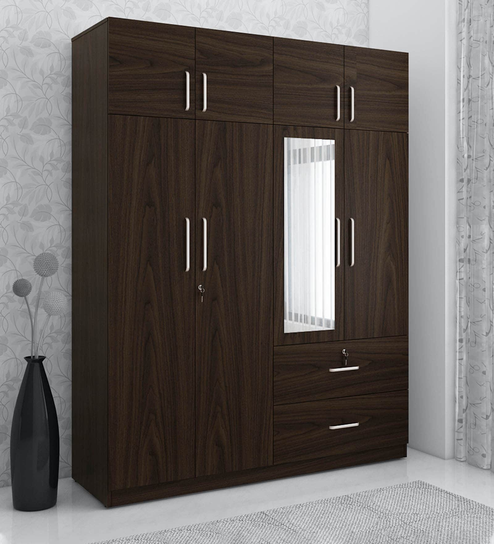 Buy Saika 4 Door Wardrobe in Urban Walnut Finish with Mirror Online 4
