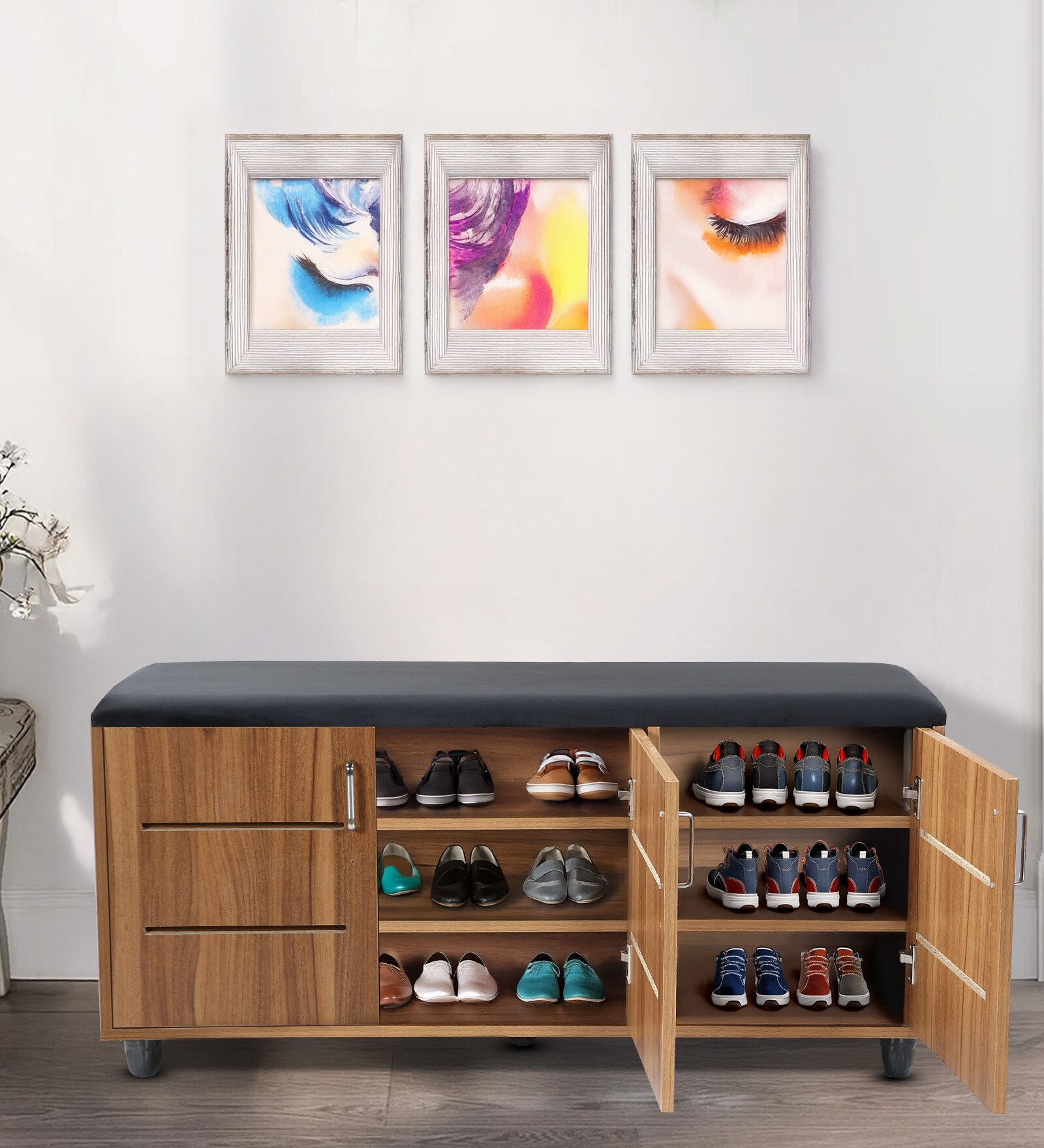 Saiko 12- Pairs Shoe Cabinet In Lyon Walnut Finish With Seating