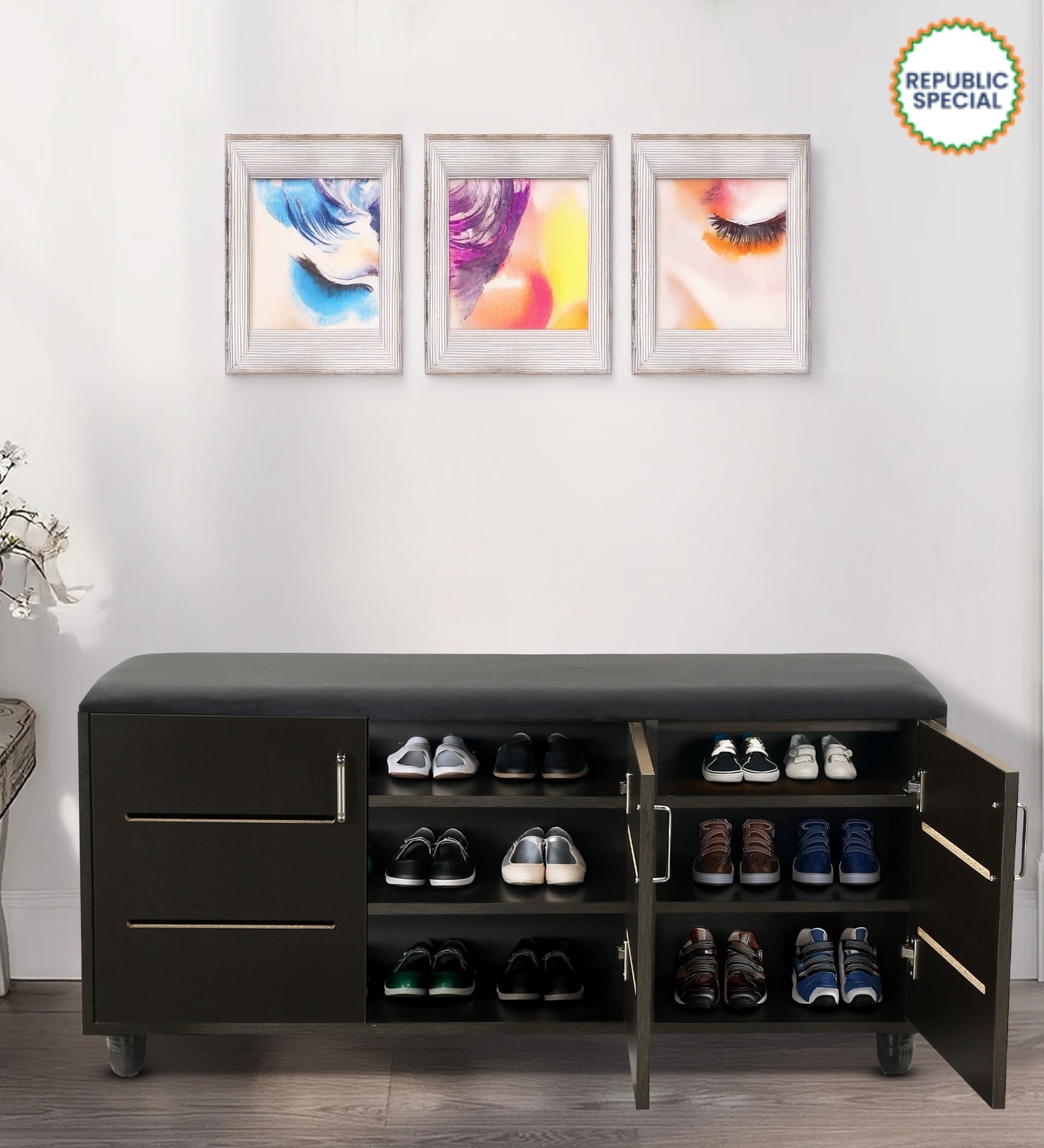 Saiko 12- Pairs Shoe Cabinet In Wenge Finish With Seating