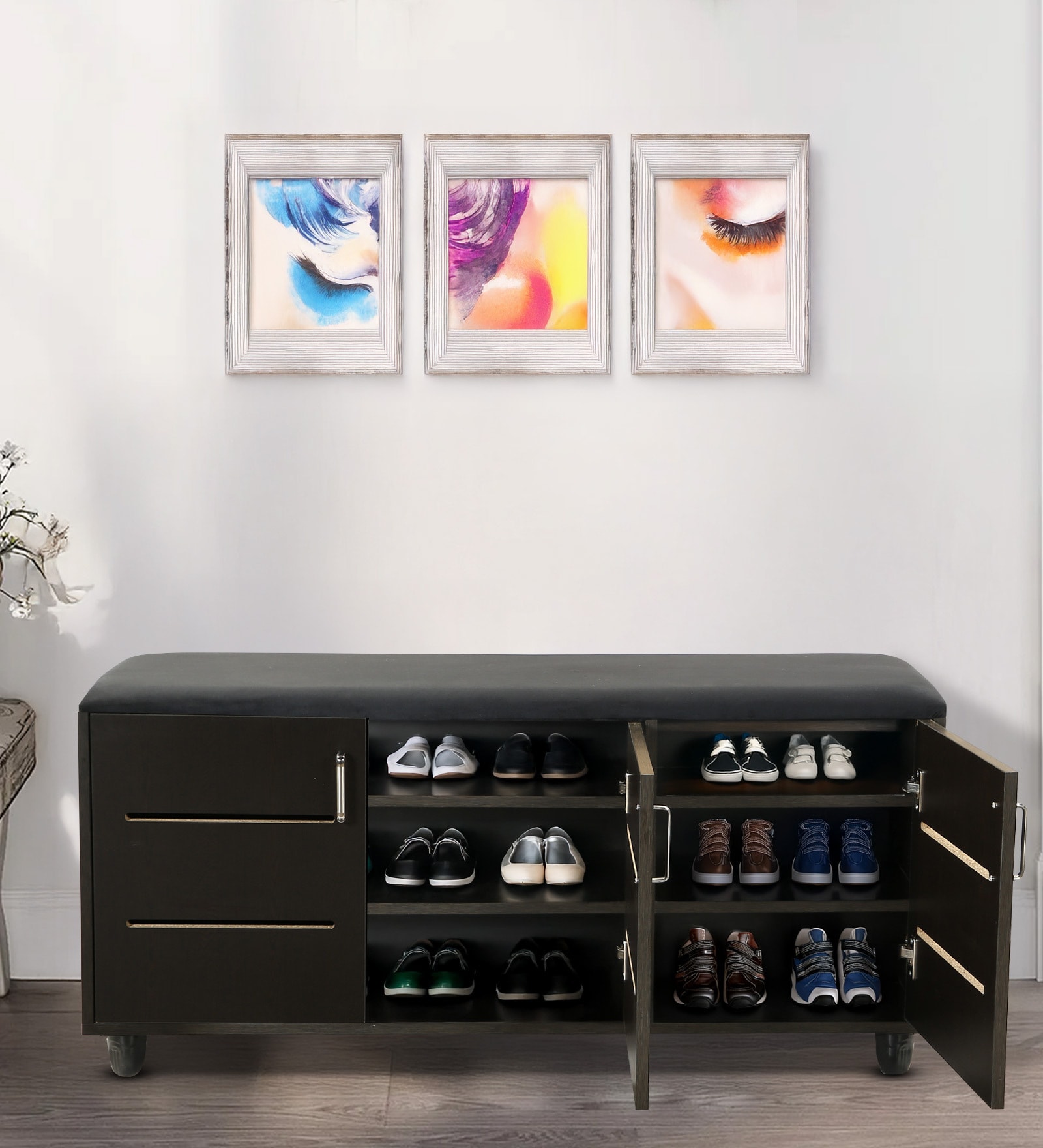 Saiko 12- Pairs Shoe Cabinet In Wenge Finish With Seating