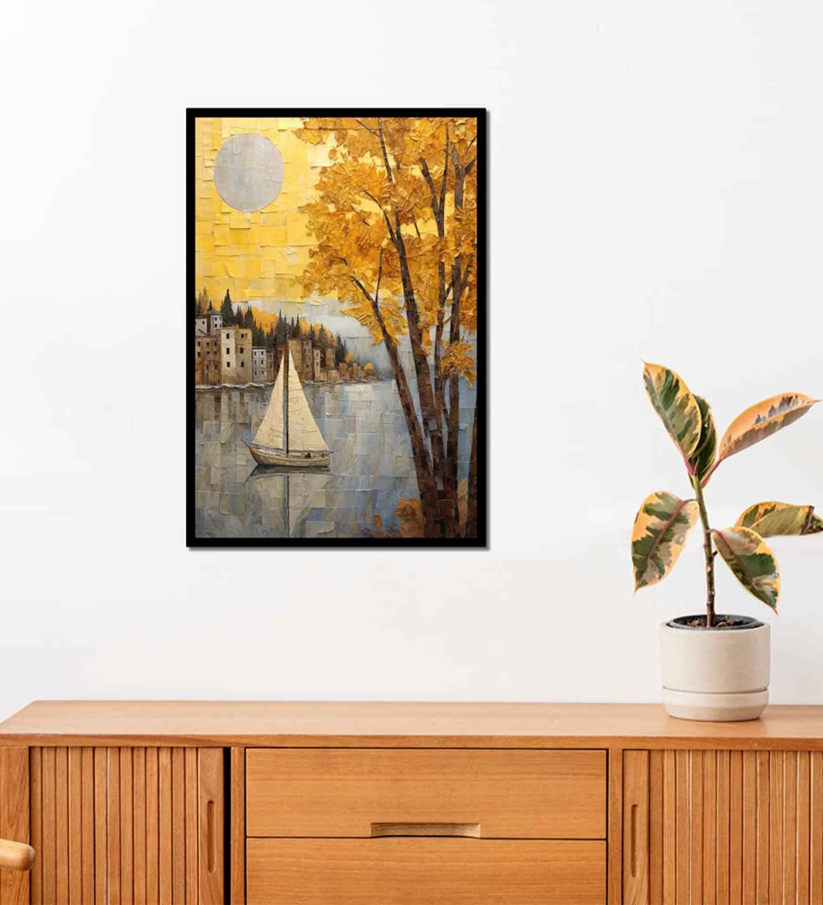 Sailing Boat Black Engineered Wood Wall Painting