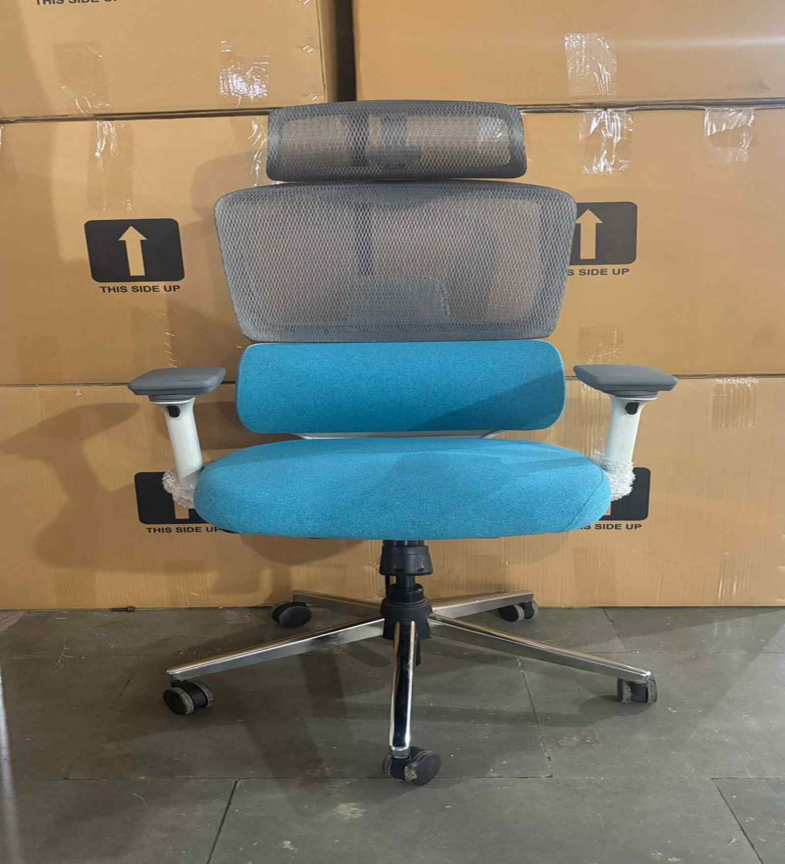 Sama Pro High Back Ergonomic Chair with Multi-Lock Mechanism and Adjustable Headrest in White & Blue Colour