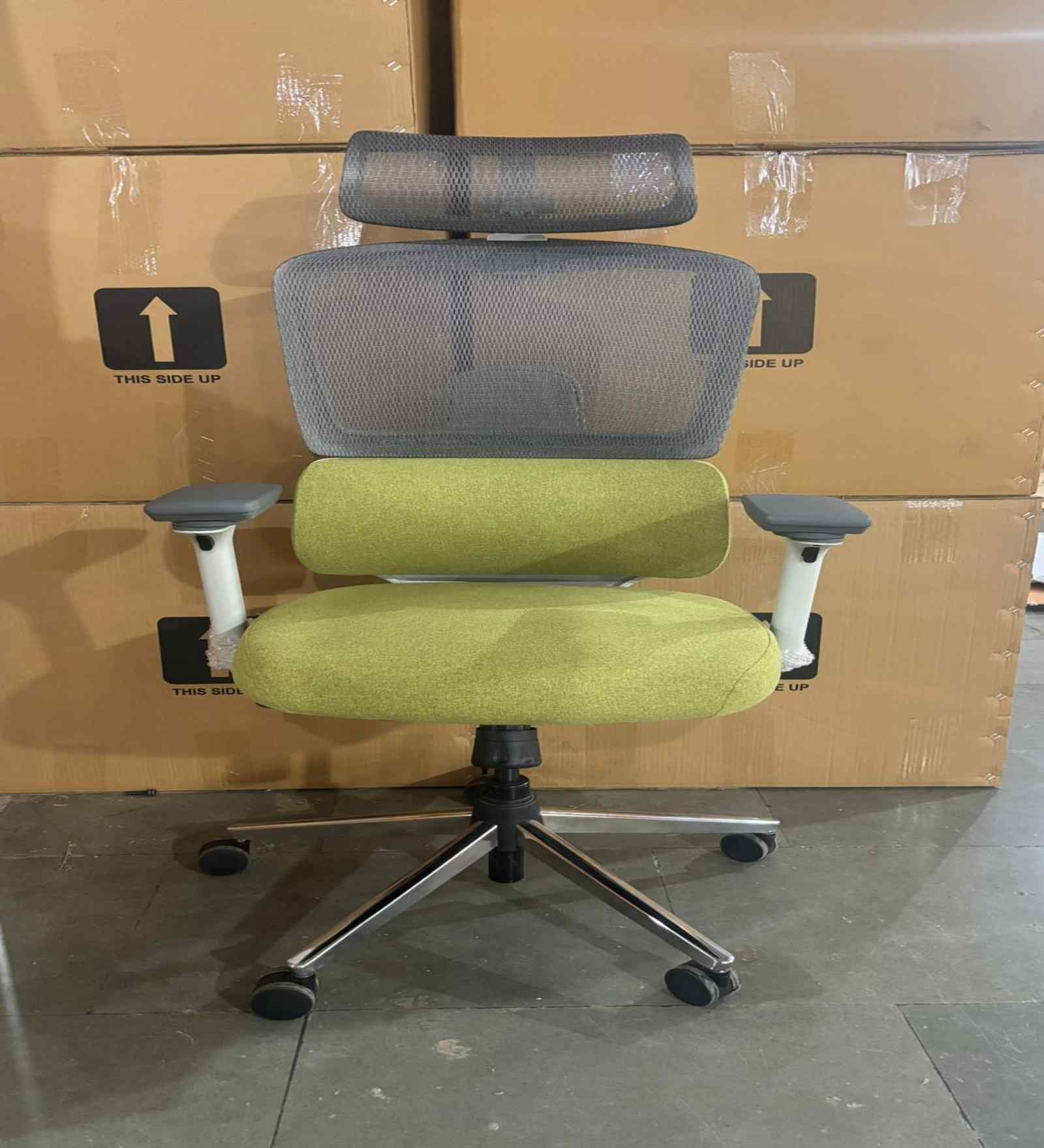Sama Pro High Back Ergonomic Chair with Multi-Lock Mechanism and Adjustable Headrest in White & Green Colour